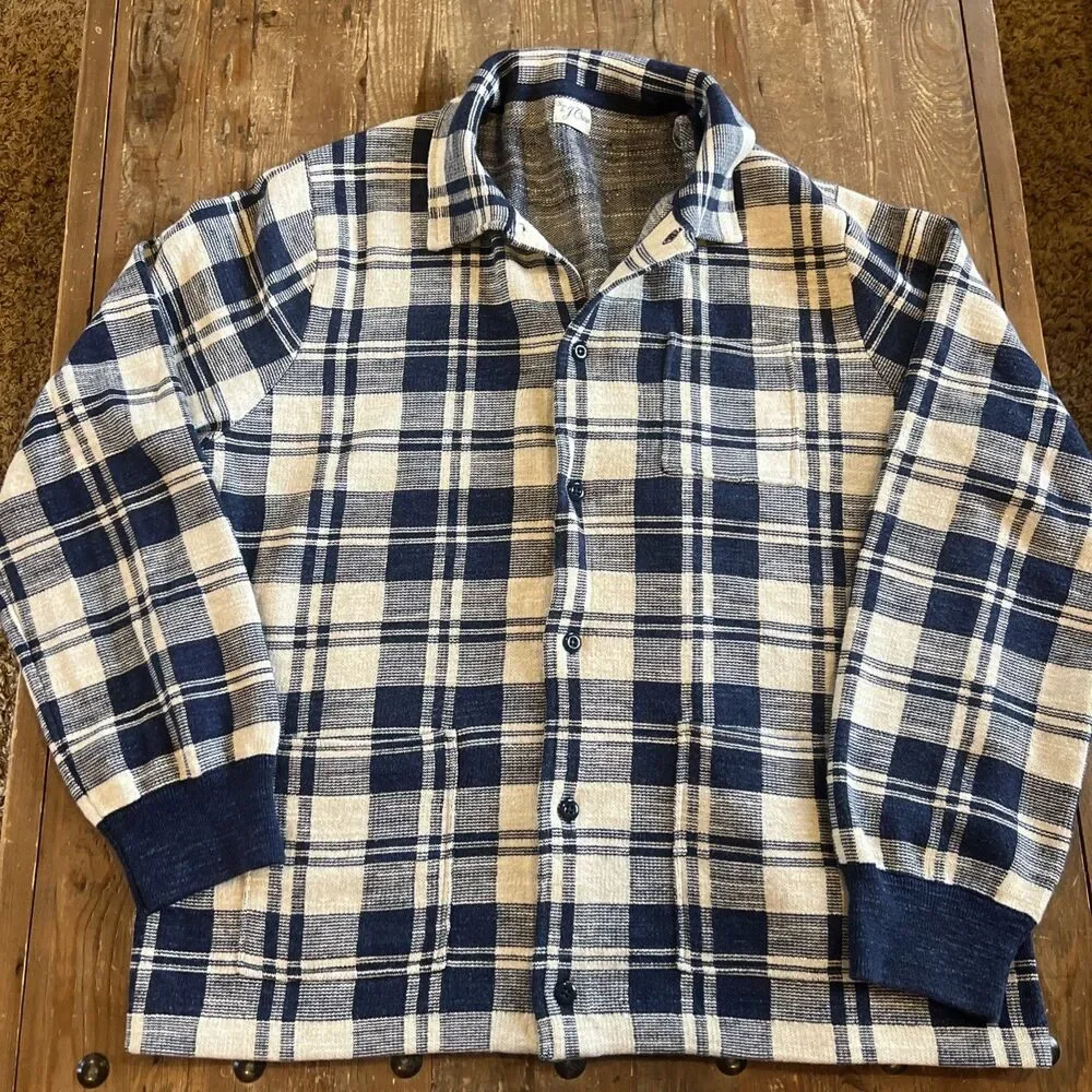 J. CREW Men's Large Cotton Knit Chore Jacket Sweater Navy Cream Plaid EUC